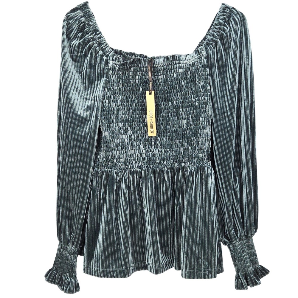Coco Carmen Velvet Smocked‎ Peplum Top Large/XL Green Long Sleeve New